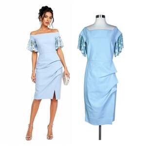 Chiara Boni | Farideh Off Shoulder Light Blue Lace Sleeve Cocktail Sheath Dress